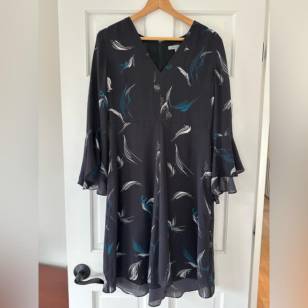 Black Dress with Blue and White Wispy Pattern